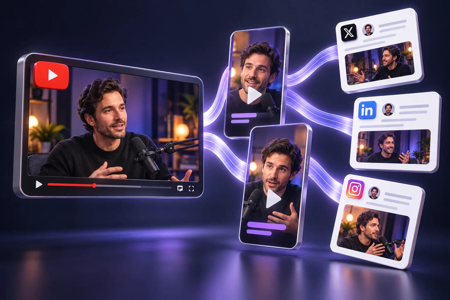 One YouTube video branches into vertical Shorts and social post cards for X, LinkedIn, and Instagram.